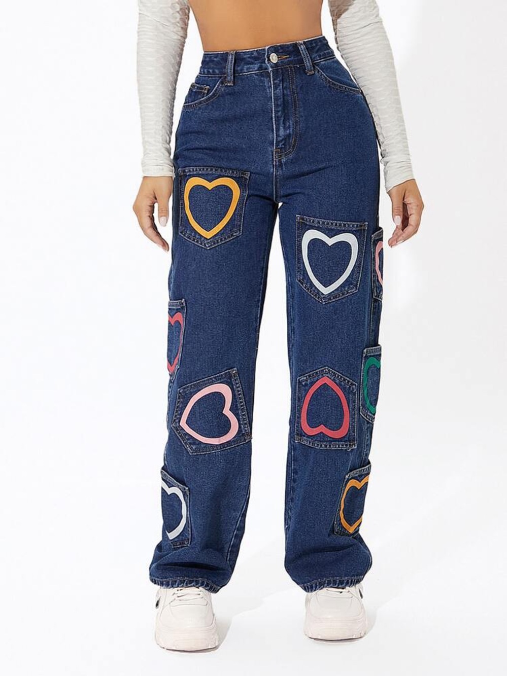 SHEIN Dark Blue High-Rise Straight Jeans with Multicolor Heart Patches